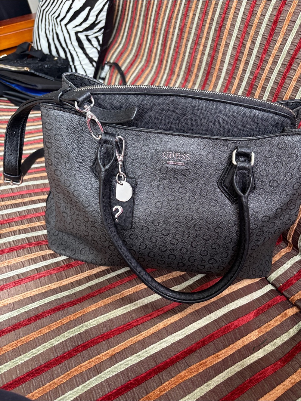 GUESS Black Logo Print Tote with Silver Hardware